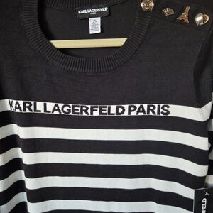 NWT WOMENS KARL LAGERFELD PARIS BLACK W/ WHITE STRIPES PULLOVER SWEATER LARGE